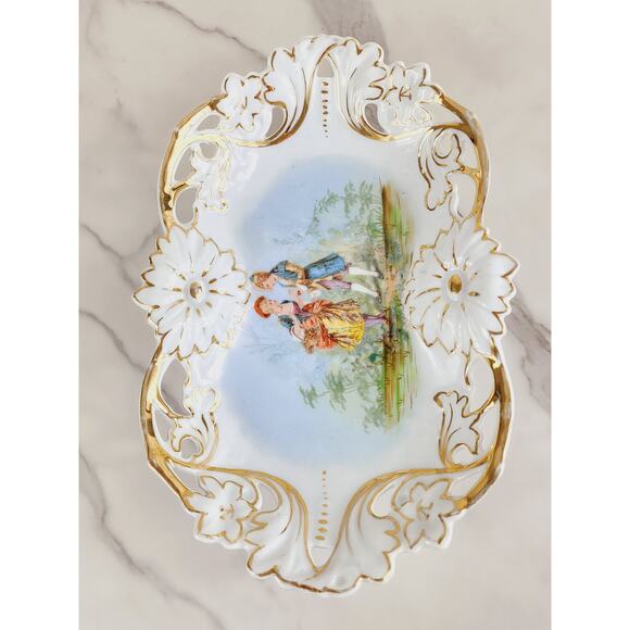 Rococo Style Couple Portrait Articulated Serving Bowl 12" Porcelain 1950-1970 - Picture 15 of 15